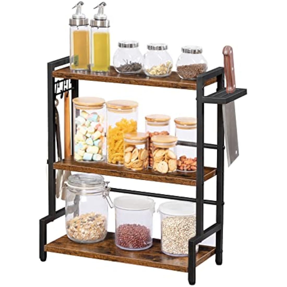 HOOBRO Spice Racks, Countertop Organiser Shelf, Desktop Organiser, Free Standing Desktop Shelves, Kitchen Storage Rack, Space Saving, for Spices, Jars, Oil Bottles, Rustic Brown and Black EBF01TL01