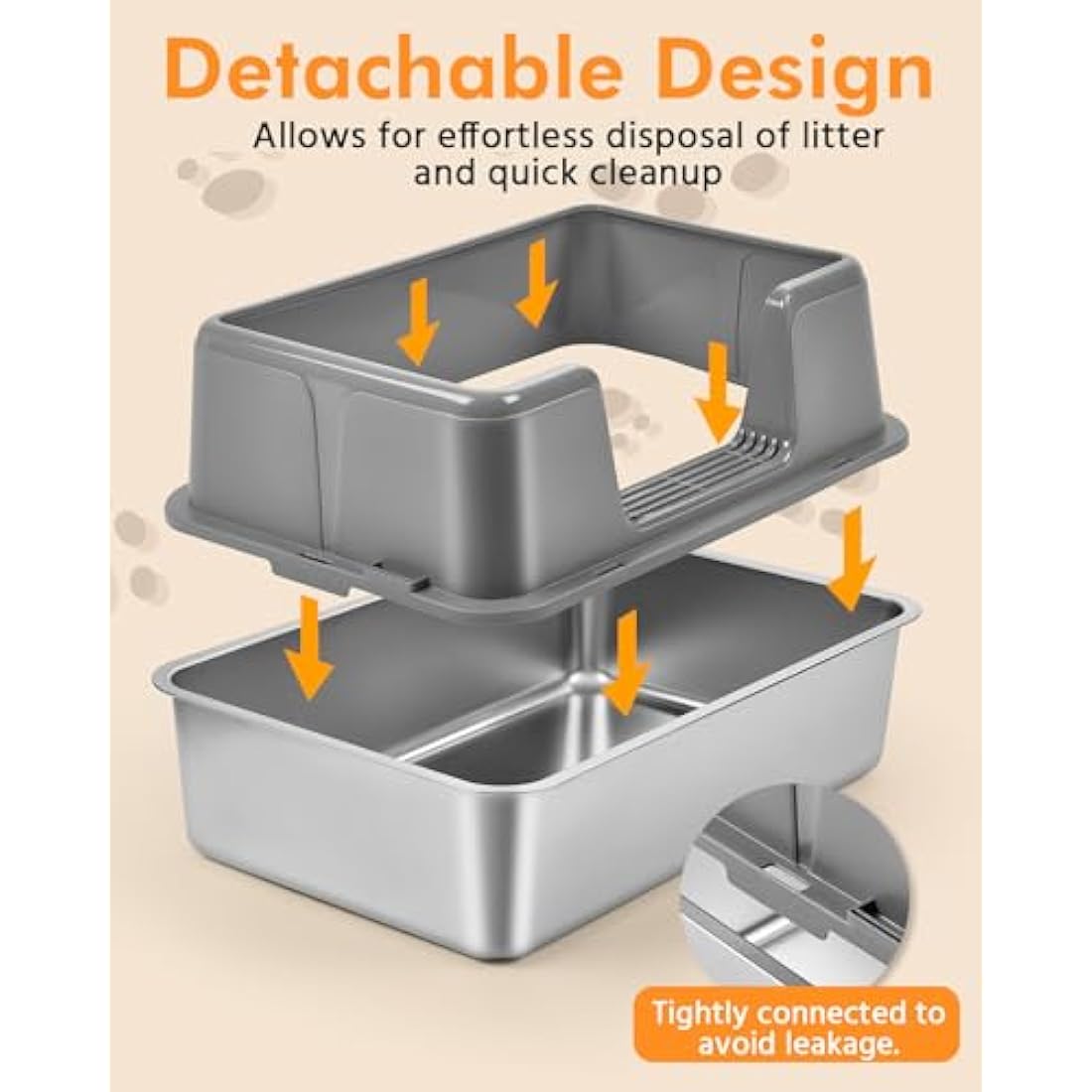 Papettly Extra Large Stainless Steel Litter Box, 36L Cat Litter Tray with Splash-Proof Lid, Easy Cleaning Odor-Less XL Cat Litter Tray with Double Layer Litter Mat, Litter Scoop, Brush, 60x40x31CM