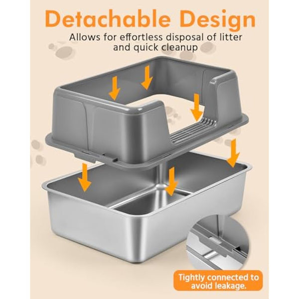 Papettly Extra Large Stainless Steel Litter Box, 36L Cat Litter Tray with Splash-Proof Lid, Easy Cleaning Odor-Less XL Cat Litter Tray with Double Layer Litter Mat, Litter Scoop, Brush, 60x40x31CM