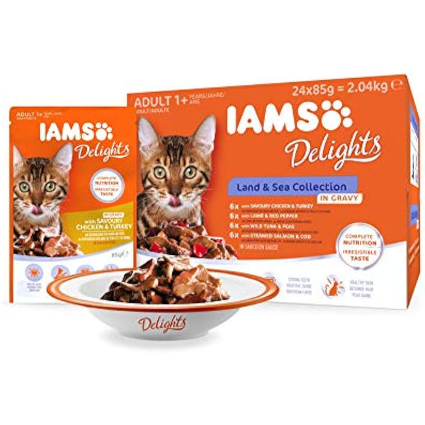IAMS Delights Complete Wet Cat Food for Adult 1+ Cats Meat and Fish Variety in Gravy Multipack 24 x 85 g Pouches