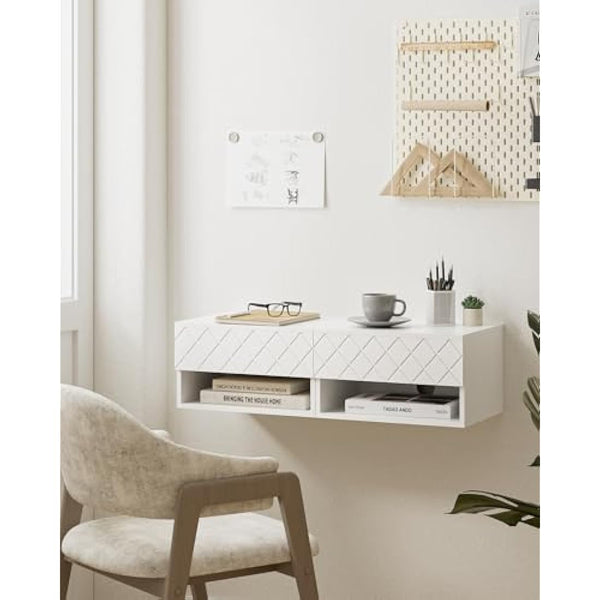 HEYZOEY Floating Bedside Table, Small Modern Nightstand With Drawer, Shelves for Bedroom, Bathroom, White Diamond