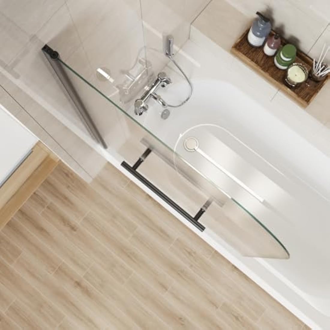 Aquariss 800x1400 Bath Screen Pivot Bath Shower Easy Clean Glass Screen Reversible Door Panel Black with Towel Rail