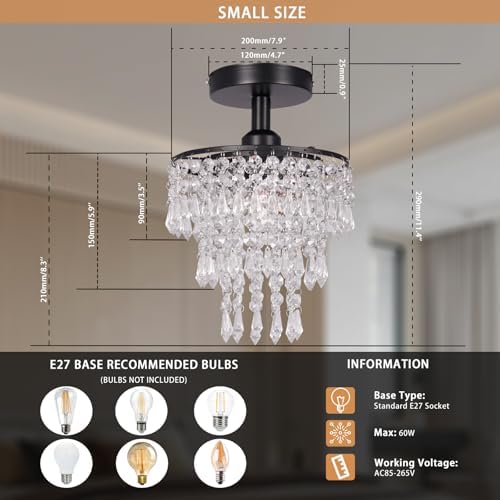 FRIXCHUR Mini Crystal Chandelier Ceiling Light Hallway Black Ceiling Lighting Fixture 3 Tiers Crystal Raindrop Flush Mount Chandeliers for Bedroom Kitchen Dining Room