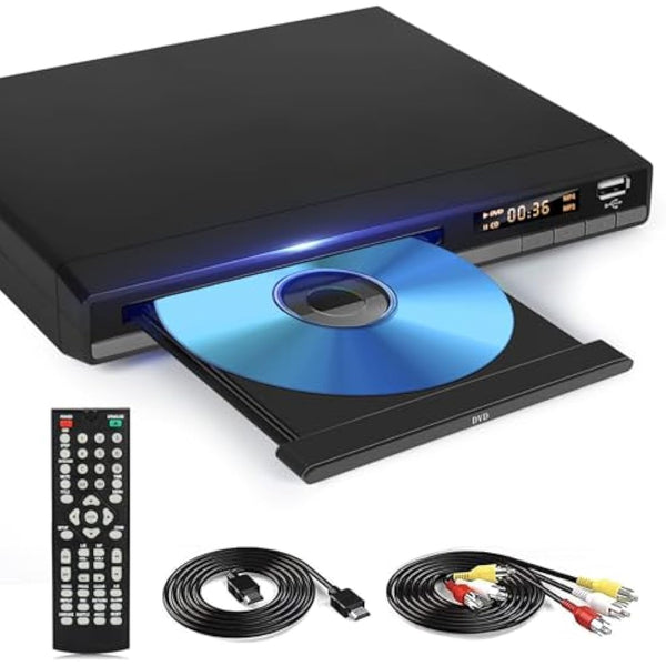 HD DVD Player for TV, Multi Region DVD Player for Smart TV, HDMI/RCA Output Cable Included, 1080P, Breakpoint Memory, Built-in PAL/NTSC, CD Players for Home (Not Support Blu-ray Discs)