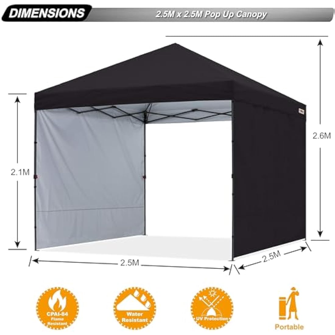 ABCCANOPY 2.5x2.5M Pop up Gazebo With Two Side Panels Upgraded Roller Bag, 4 Weight Bags, Stakes and Ropes (Black)