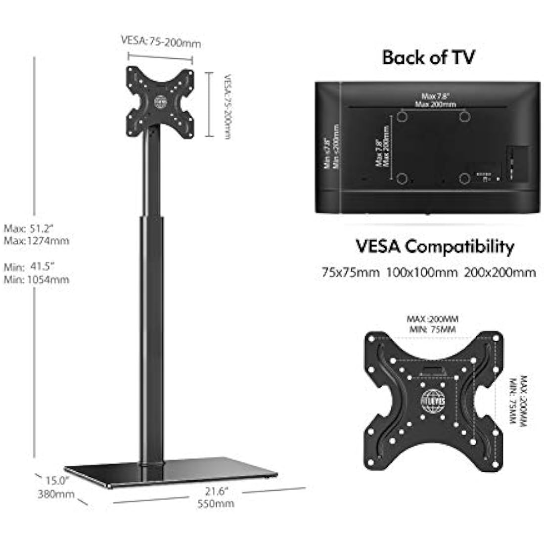 FITUEYES TV Floor Stand for 19-42 Inch TV, Universal Corner TV Stand, Tilt Swivel & Height Adjustable, Tall Black TV Stand Replacement, Max. VESA 200x200mm Holds 35kg