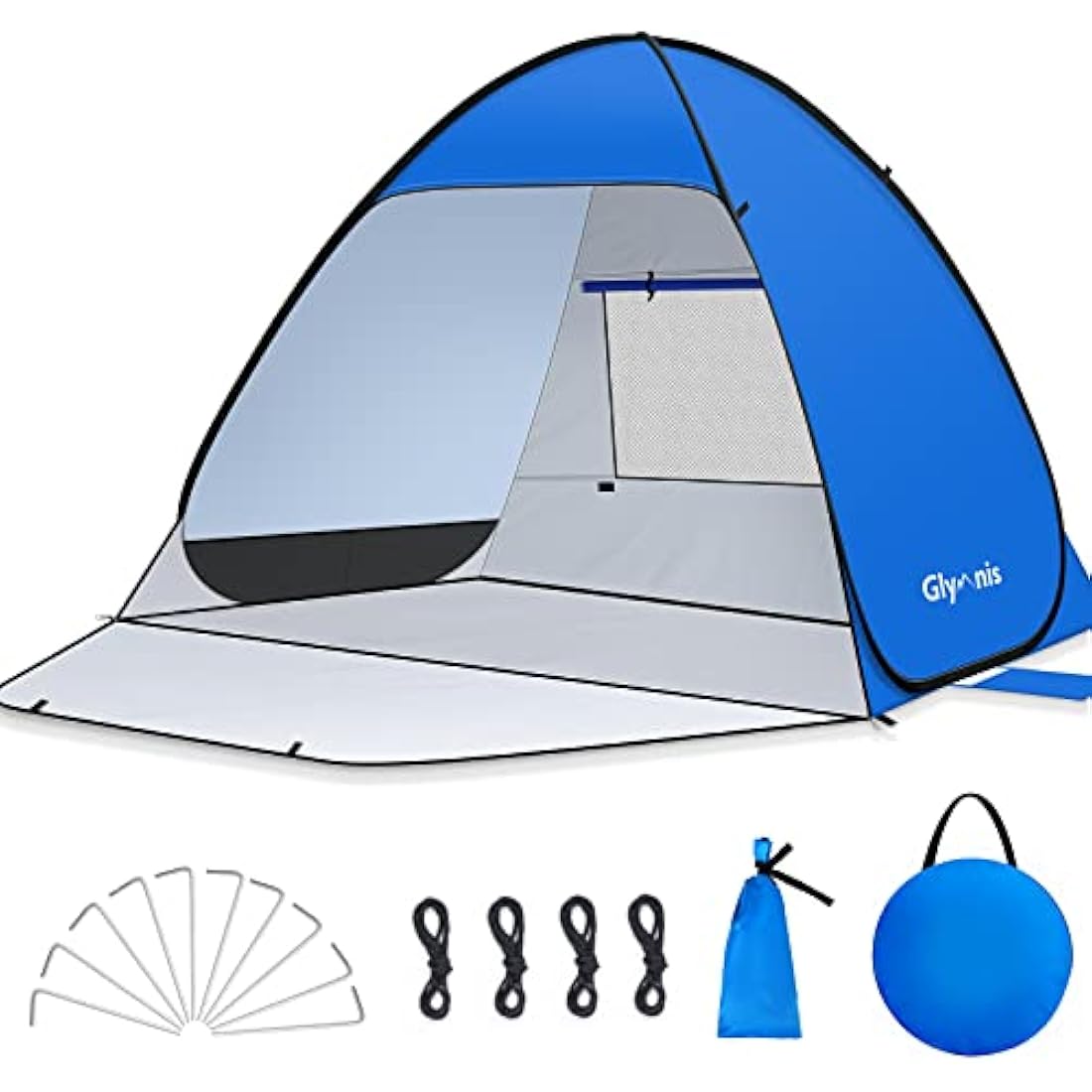 Glymnis Pop Up Beach Tent Small for 1-2 Person/Large for 3-4 Person, UV Protection Beach Sun Shelter with Zipper Porch, Portable Sun Shade Tent for Beach, Garden, Picnic