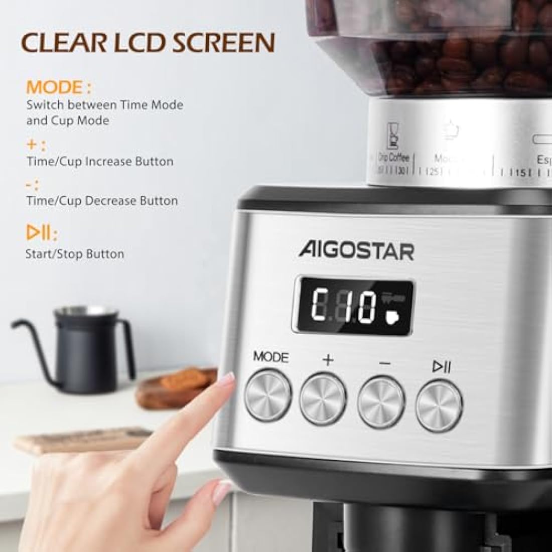 Aigostar Conical Burr Coffee Grinder Electric, Coffee Bean Grinders Automatic, Adjustable Burr Mill with 52 Precise Grind Setting, Burr Coffee Grinder for Espresso Drip Coffee and French Press, Black