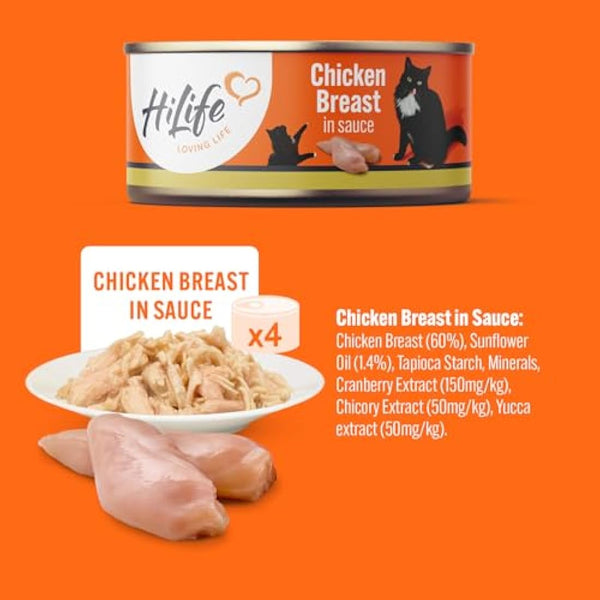 HiLife Adult Wet Cat Food Tins, Mixed Chicken Recipes in Sauce, Complete Tinned Cat Food, 100% Natural & Grain Free, Chicken Breast / with Beef / with Duck, 4x (12 x 70g) / 48 cans