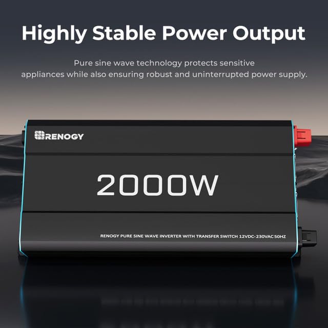 Renogy 2000W Pure Sine Wave Inverter, 4000W Peak 12V DC to 240V AC Power Converter with UK Sockets, UPS Function and Remote Controller for Off-grid, RV, Truck, Boat, Camping, and Home