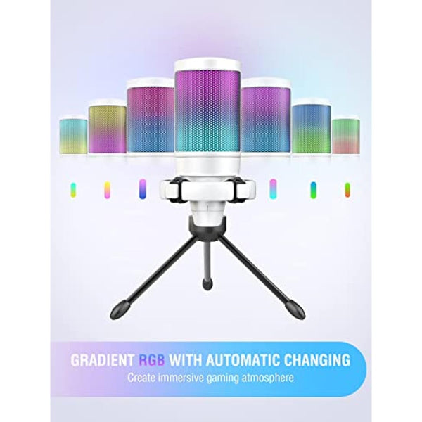 FIFINE USB Microphone for Gaming Streaming, PC Computer Desktop RGB Mic with Condenser Cardioid Capsule, Gain Knob, Shock Mount, Stand for Home Use, Online Meeting on Mac OS, Windows-A6V White