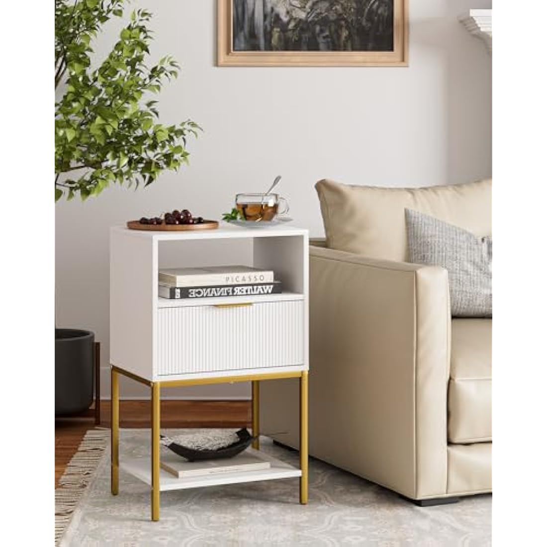 HEYZOEY Bedside Table, Small Bedside Cabinet with Drawer and Storage Shelf, 25.4" H Tall Nightstand End Sofa Side Table with Gold Frame for Bedroom, Living Room, White