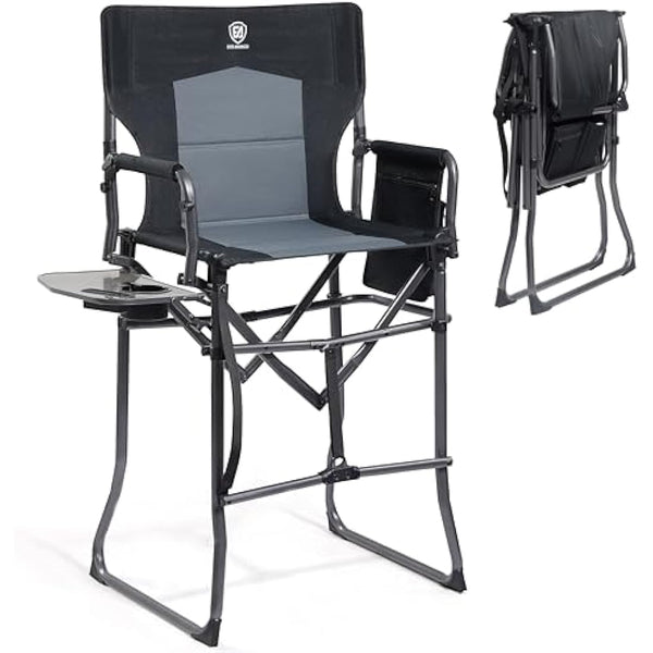 EVER ADVANCED Portable 76CM Seat Height Tall Folding Camping Chair Directors Chair High Foldable Bar Stool with Side Table for Makeup Artist, Sports Event, Craft Show, Supports 160KG Black Grey