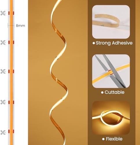 ACELUMO COB LED Strip 10m, Dotless LED Strip with Smart App Control and Remote, Timer, CRI 92+, 8mm Wide, Dimmable Warm White Strip Lights for Ambient Illumination in Home Decor, 2700K
