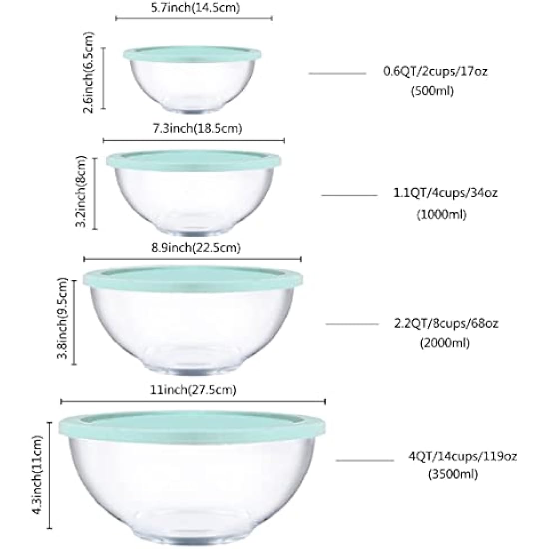 Homwin Glass Mixing Bowls with Lids Set, 8 Pieces Glass Salad Bowl Set with Lids(0,5L, 1,0L, 2,0L, 3,5L),High Brosilicate Microwave Bowls for Kitchen Baking, Prepping Serving and Storage