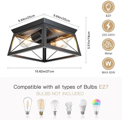 FORCOSO Black Ceiling Lights 2 Lights - Modern Industrial Ceiling Lamp E27 Flush Mount LED Metal Cage Vintage Ceiling Light Fixture for Living Room Bedroom Kitchen Hallway - NO Bulb