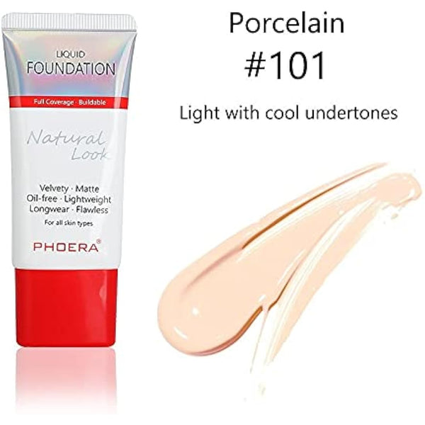 AQUAPURITY PHOERA Full Coverage Foundation New Formula Waterproof Long Lasting Oil Free Velvet Matte Liquid Foundation for Oily Skin Flawless Makeup Base Cream Concealer (101 Porcelain…)