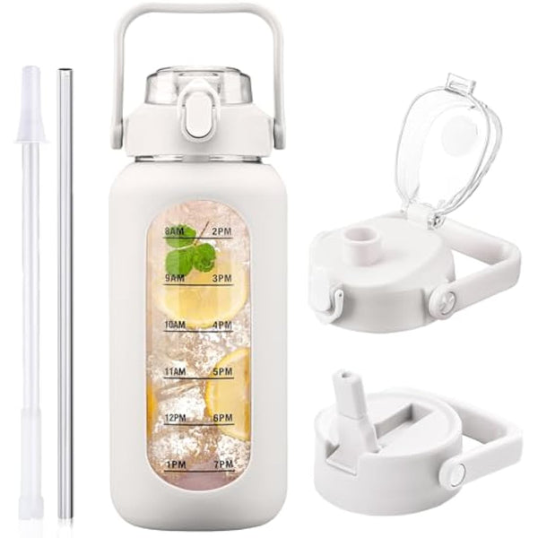 HYDRAGLAZIC 2L Glass Water Bottle with 2 Lids Flip and Chug Lids 2 Liter Large Water Jug with Time Marker and Silicone Sleeve BPA Free Leak-proof for Sports Gym, White