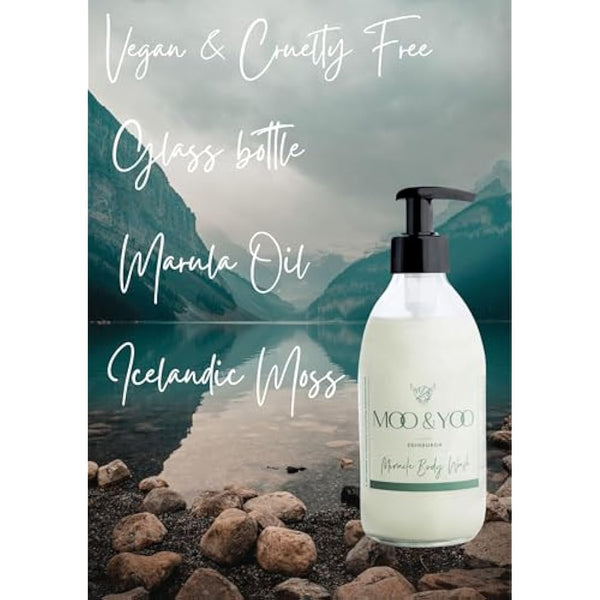 Moo & Yoo Miracle Body Wash - Marula Oil & Icelandic Moss - Natural Body Wash - Moisturising Shower Gel - Vegan & Cruelty Free - 250ml Recyclable Glass Bottle