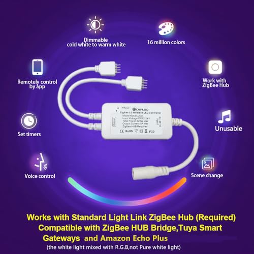 32.8ft ZigBee LED Strip Lights Dimmable Ambiance Smart RGB LED Kit Directly Work with Echo Plus for Alexa Voice Control LED Lights,Work with Hub