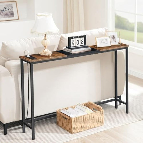 HOOBRO Console Table with Charging Station,114 cm Behind Sofa Table, Slim Console Table for Hallway, with Power Outlet, for Entryway, Living Room, Small Spaces, Rustic Brown and Black EBF114KXG01