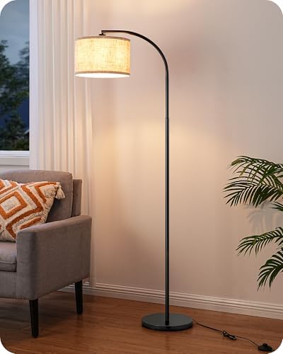 EDISHINE LED Floor Lamp, 63" Standing Lamp with Adjustable Linen Shade,Black Metal Arc Light Pole, Modern Simple Reading Light for Living Room, Lounge, E27 Socket