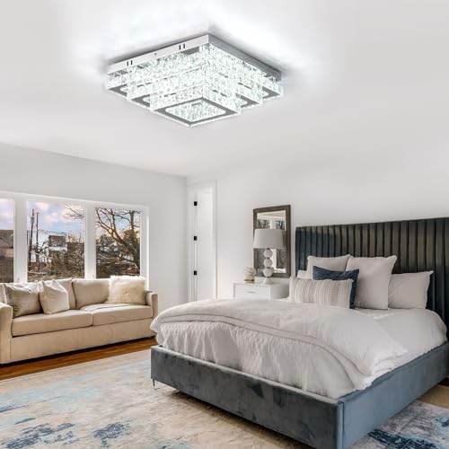 Finktonglan Square Crystal LED Ceiling Light Fixtures, 15” Modern Chandelier Ceiling Lights 3-Tiers Flush Mount Ceiling Lamp Fixture for Living Room Dining Room(6500K Cool White)