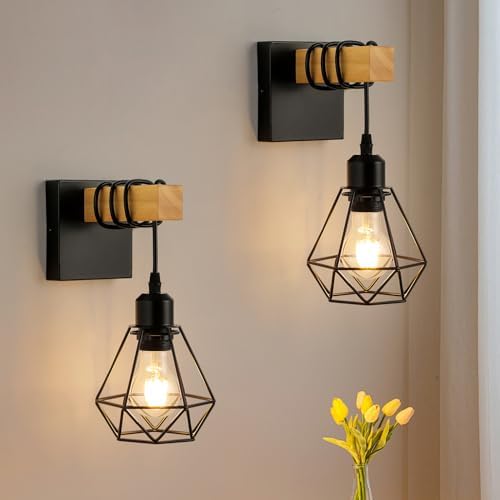 FORCOSO Vintage Wood Wall Lamp 2-Pack, Black E27 Sconce Lights, Industrial Rustic Wall Lighting for Living Room, Bedrooms, Hallway, Stair