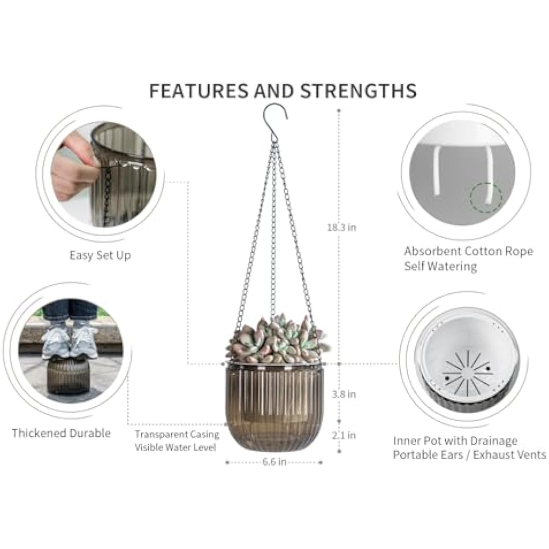 Josteve 6.5 Inch 2 Pcs Self Watering Hanging Planter Indoor Plant Pots with Drainage Holes, Outdoor Hanging Planters Flower Pot Basket, Visible Water Level, Plant Hanger Home Decor, Gardening