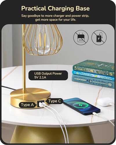 EDISHINE Bedside Lamps Set of 2, Dimmable LED Table Lamp, Teardrop Cage Lampshade, USB Charging Ports, Touch Lamps for Living Room, Bedroom, E27 Socket, Bulb Included, Gold