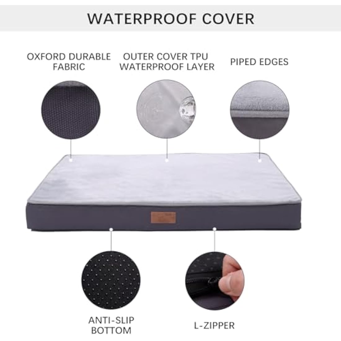 Jaspuriea Small Orthopedic Dog Beds with Waterproof Removable Cover, Anti-Slip Washable Dog Bed, Deluxe Flannel Comfy Dog Crate Mattress, Grey, 60x45x9cm