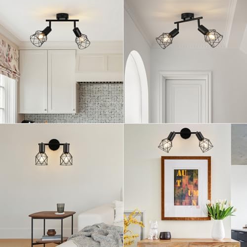FORCOSO Ceiling Lights Spotlight, 2 Way Spot Lights 350°Adjustable, E14 Base Black Light Shade Metal Wire Cage Light Fittings, Industrial Wall Ceiling Lamp for Kitchen Living Room Hallway Bedroom