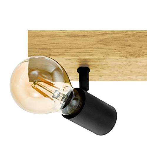Eglo Townshend 3 Ceiling Light, 2-Flame Vintage Wall Spotlight with an Industrial/Retro Design Made of Steel and Wood, Black and Brown Colours, E27