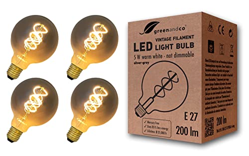 greenandco E27 G95 LED Vintage Filament Bulb Silver Grey 5W 200lm 1800K Extra Warm White 360 230V, no Flicker, not dimmable, 4-Pack