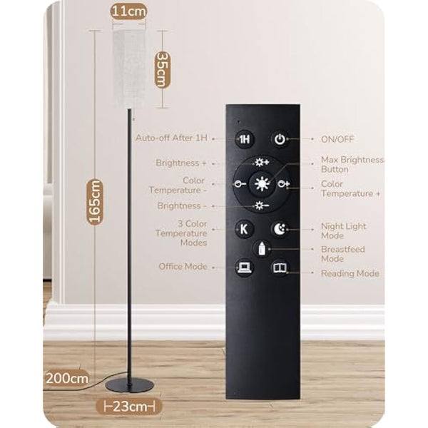 EDISHINE Floor Lamp, Standing Lamp with Square Linen Lampshade, Floor Lamps for Living Room, Bedroom, 165cm, E27 Socket(9W LED Dimmable Bulb Included), Magnetic Remote Control, Black