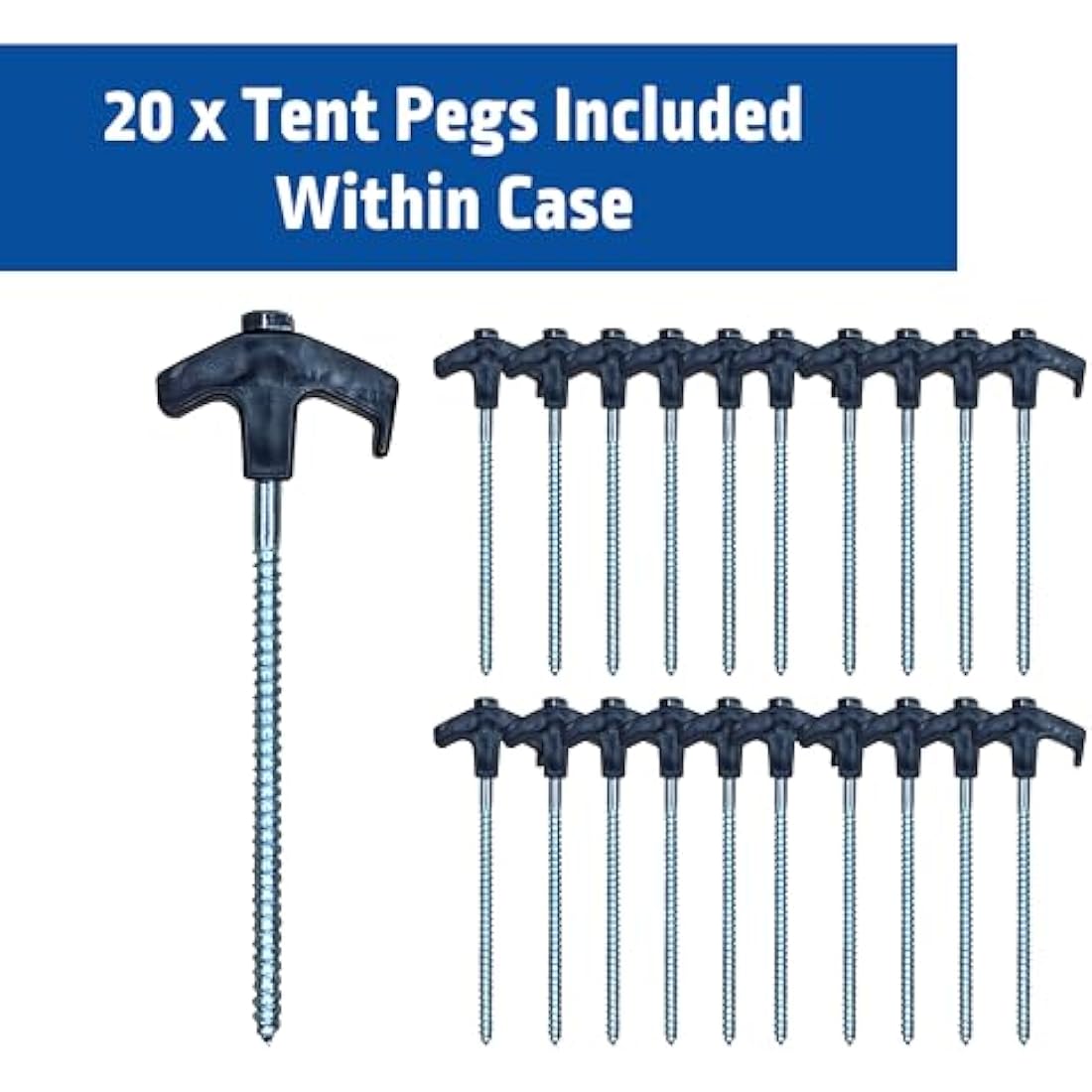Blue Diamond Heavy Duty Screw Tent Pegs - Pack of 20 | Hard Ground Tent Pegs, Camping Pegs | Rustproof Galvanized Steel (Carry Case)