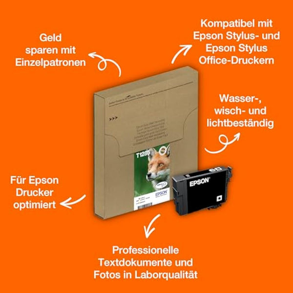 Epson T1285 Fox Genuine Multipack, Eco-Friendly Packaging, 4-colours Ink Cartridges, DURABrite Ultra Ink