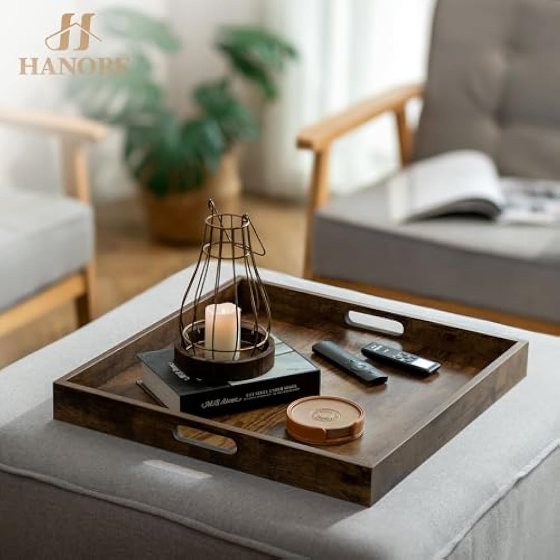 Hanobe Serving Tray Ottoman Large: Decorative Wooden Trays with Handles for Coffee Table - Vintage Brown Square Wood Platter over Footstool Living Room Decor Display Extra 50 cm