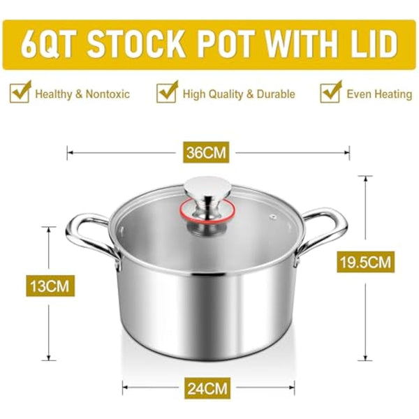 HaWare 5.8L Stock Pot, Tri-Ply Stainless Steel Soup Pot with Visible Lid, 24cm Cooking Induction Stockpot for Pasta/Meat/Soup, Suit for All Kitchen Stove Top, Healthy & Non Toxic, Easy Clean