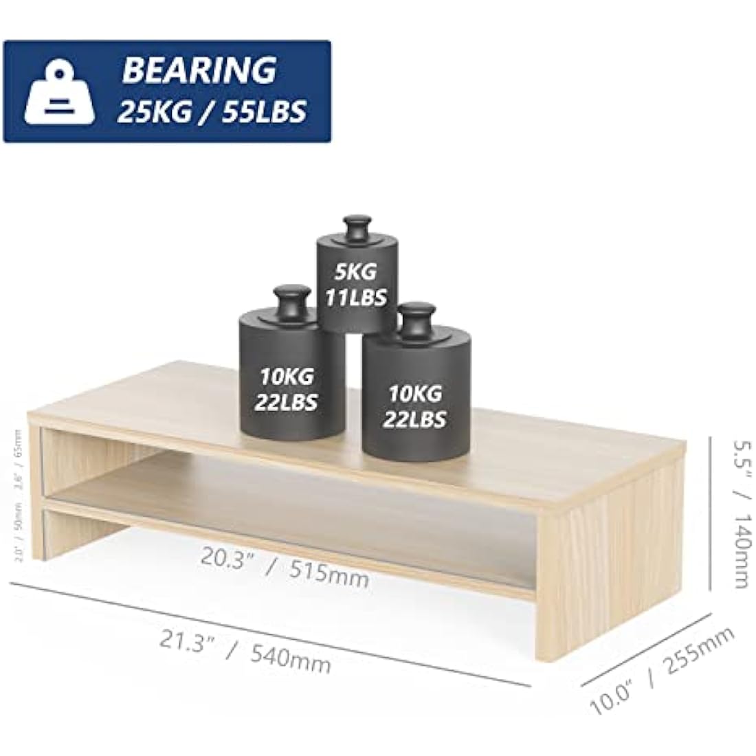 FITUEYES Monitor Stand 2 Tiers Computer Monitor Riser,54cm Wood Desktop Stand for Laptop Computer Screen Riser, with Storage Shelf, Office Supplies, Desk Organizer, Oak