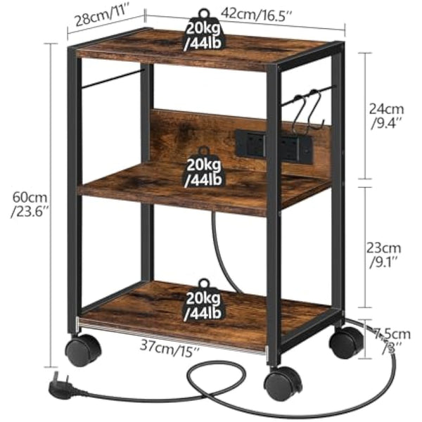 MAHANCRIS 3-Tier Mobile Printer Table, Printer Stand with Power Outlets and USB Ports, Home Printer Shelf with 2 Hooks, for Office and Living Room, Rustic Brown (42 x 28 x 60 cm) APTHR40KE01