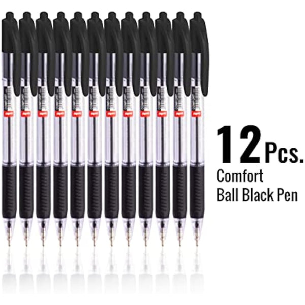 Cello Comfort Ballpoint Pens - Premium Retractable Biro Pens with Ergonomic Grip, Medium Point 1.0mm, Black Ink, Pack of 12 - Ideal for Office, School & Home Writing