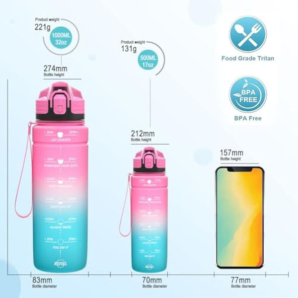 Niggeey Motivational Water Bottle with Time Marker, Sports Water Bottles 1.5l, 1l, 700ml, 500ml Kids Water Bottles, Leak Proof BPA Free Tritan Drink Bottle for School, Gym and Sport, Cycling