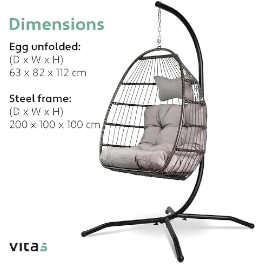 Vita5 Hanging Egg Chair Indoor&Outdoor - Swing Chair with Frame Polyrattan with Cushion - Hanging Chair Outdoor and Indoor - Foldable Hammock Chair - Maximum Load 150kg - Light grey