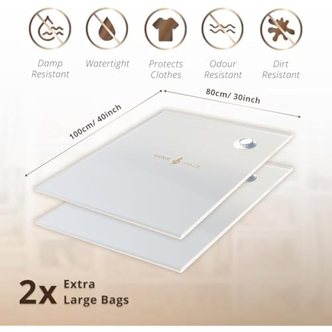 GENIE SPACE Premium Vacuum Storage Bags for Drawers, Suitcases and Wardrobes - Airtight, Odour-Proof, Reusable - Double Zipper Seal Compact Organiser - 100x80 cm, 2-Pack, XL