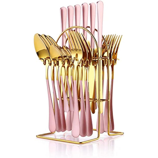 24 Piece Flatware Set, Stainless Steel Cutlery Set with Silverware Holder, Spoons, Forks, and Knives, Utensil Set Service for 6, Gold Mirror Polished and Matte Pink Painted (Pink)