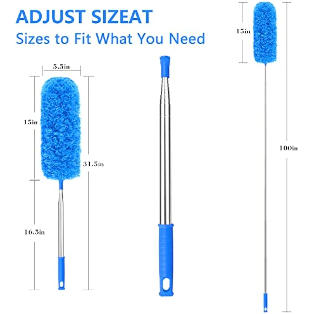 ENJSD Extandable Feather Duster,Microfiber Duster with 100Ines Stainless Steel Extra Long Telescopic Dusters with Soft Silicone Cap,Perfect for Cleaning Cobweb,Ceiling Fan,Cars etc.(Blue)