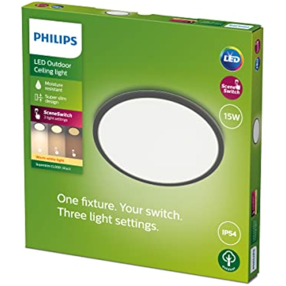 Philips LED Superslim Outdoor Ceiling Light 15W [Warm White - Black] Water Resistant IP54, for Garden, Patio and Terrace Lighting.