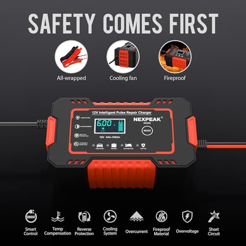 6-Amp Car Battery Charger, 12V Smart Fully Automatic Battery Charger with Temperature Compensation for Car Truck Motorcycle Marine Lead Acid Batteries