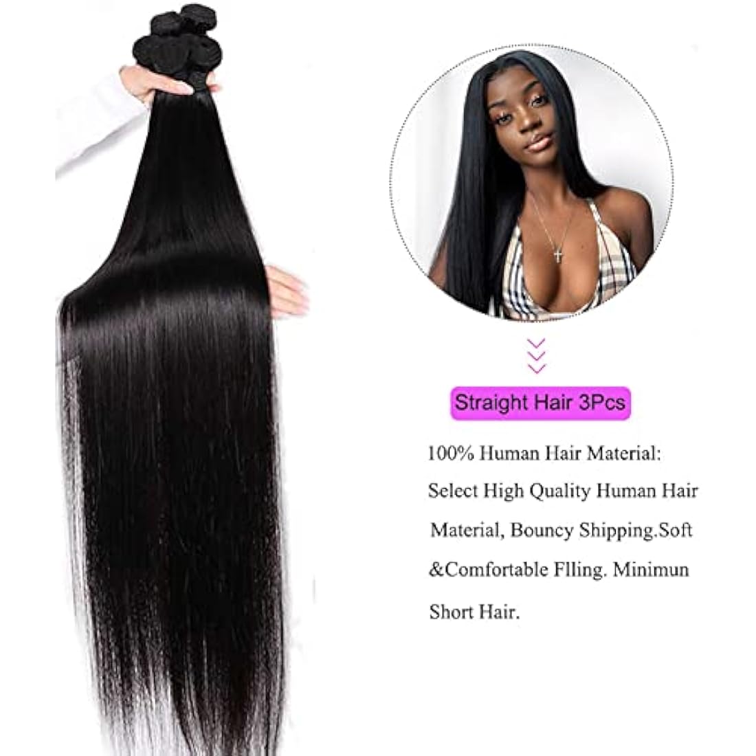 12A Brazilian Straight Human Hair Bundles 100% Unprocessed Virgin Human Hair Extensions 3 Bundles Machine Double Wefts for Women Natural Black Color 26 28 30 Inch